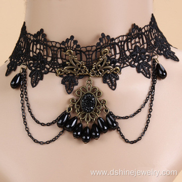 Resin Rhinestone Charm Lace Choker Necklace Gothic